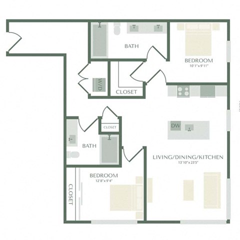 Floor plan for 2 beds, 2 baths, 1058 sqft